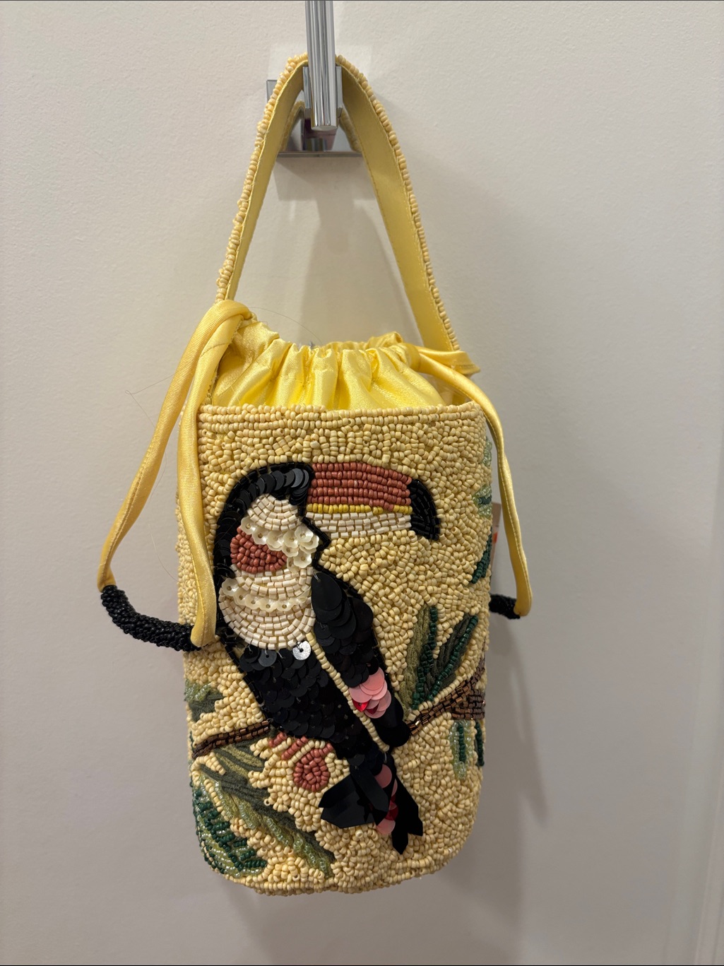 Nwt Made In India Yellow Beaded Toucan Bucket Bag